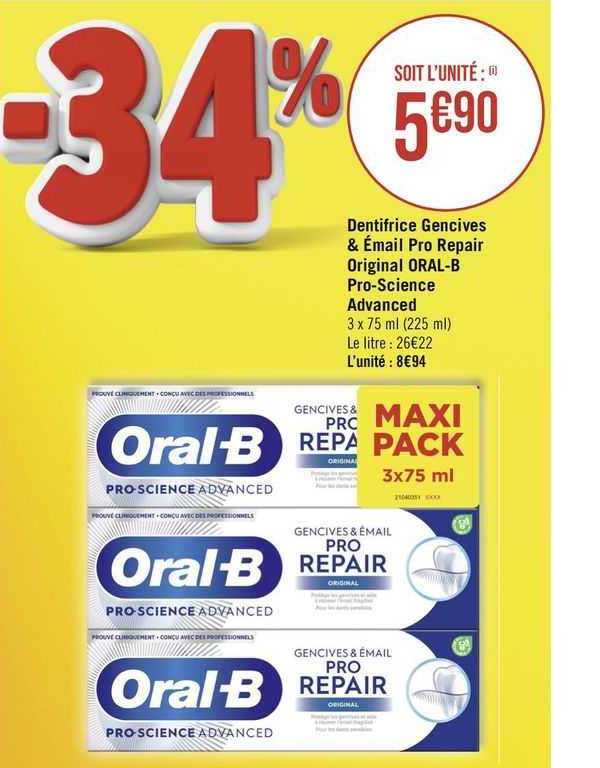 dentifrice gencives & émail pro repair original oral-b pro-science advanced