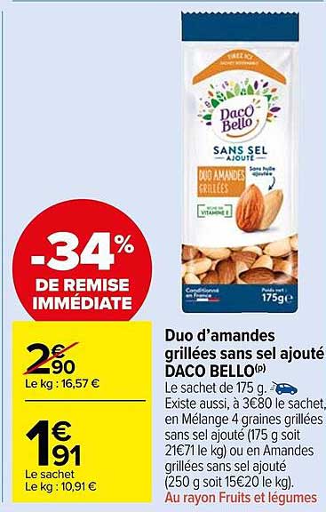 duo d'amandes grillées sans sel ajouté daco bello