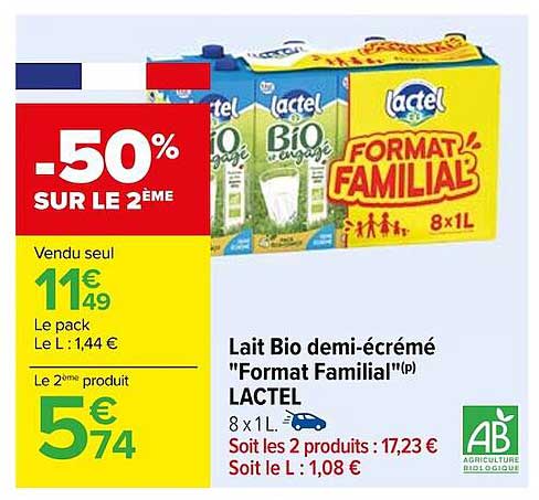 Lait Bio Demi-écrémé "format Familial" Lactel