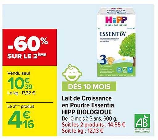 Lait De Croissance En Poudre Essentia Hipp Biologique
