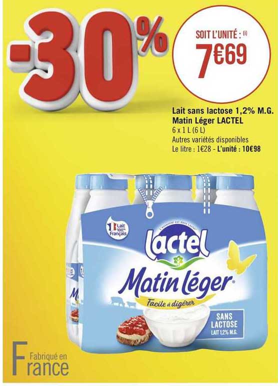 lait sans lactose 1,2% m.g. matin léger lactel