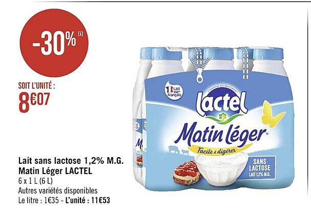 lait sans lactose 1,2% m.g. matin léger lactel