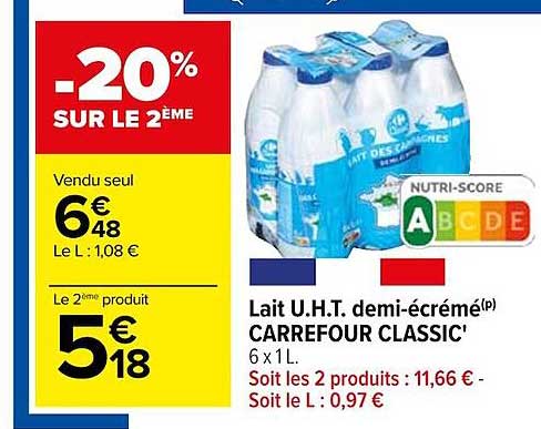 lait u.h.t. demi-écrémé carrefour classic'