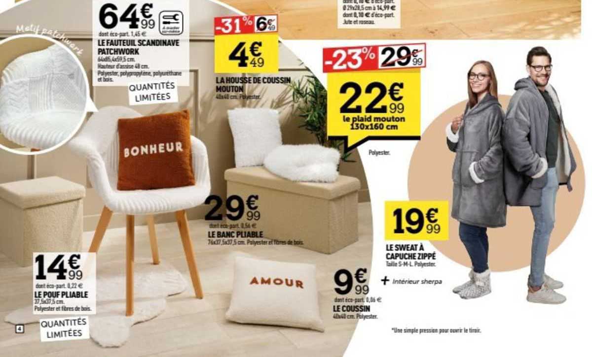 le fauteuil scandinave patchwork, le pouf pliable, le banc pliable, la housse de coussin mouton, le coussin, le sweat à capuche zippé, le plaid mouton 130 x 160 cm