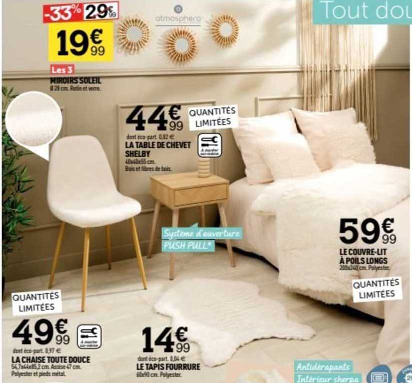 les 3 miroirs soleil, la chaise toute douce, le tapis fourrure, la table de chevet shelby, le couvre-lit à poils longs
