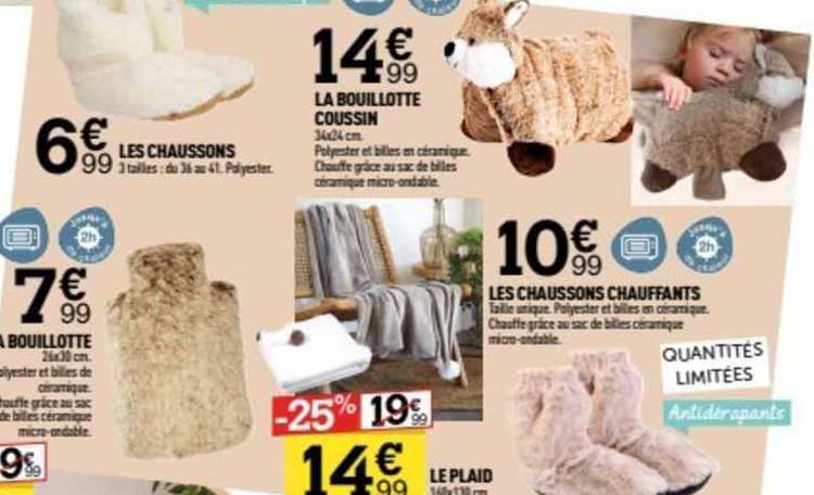 les chaussons, la bouillotte, le plaid, la bouillotte coussin, les chaussons chauffants