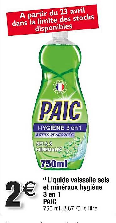 liquide vaisselle sels et minéraux hygiène 3 en 1 paic