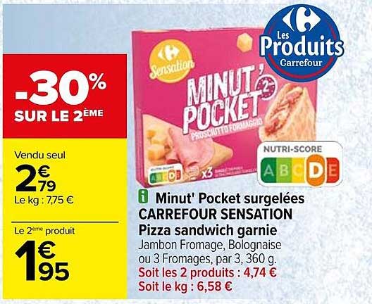 Minut' Pocket Surgelées Carrefour Sensation Pizza Sandwich Garnie