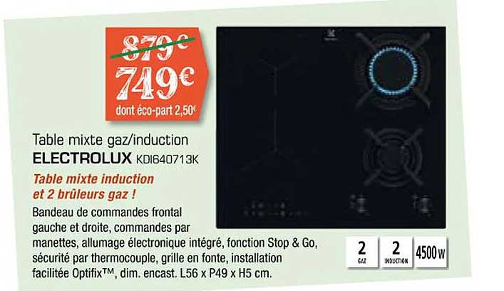 table mixte gaz/induction electrolux kdi640713k
