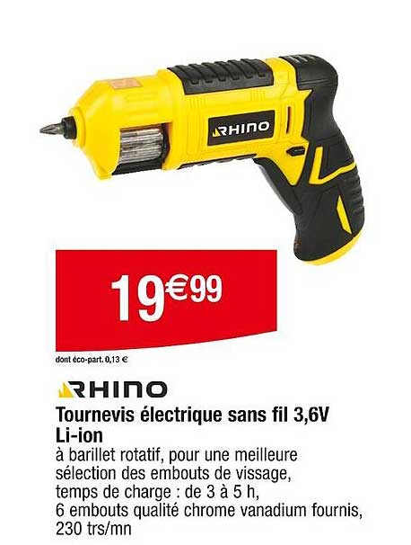 tournevis électrique sans fil 3,6v li-ion rhino
