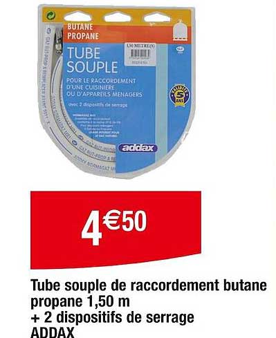 tube souple de raccordement butane propane 1,50 m + 2 dispositifs de serrage addax