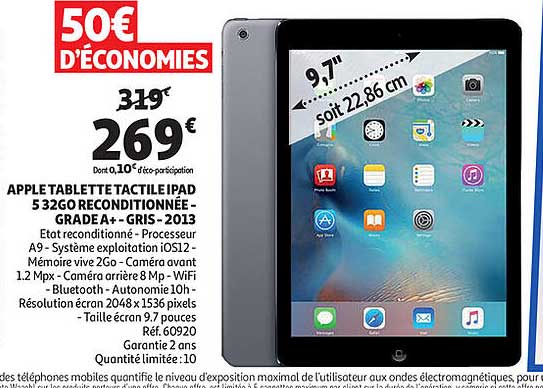apple tablette tactile ipad 5 32go reconditionnee grade a+ gris 2013