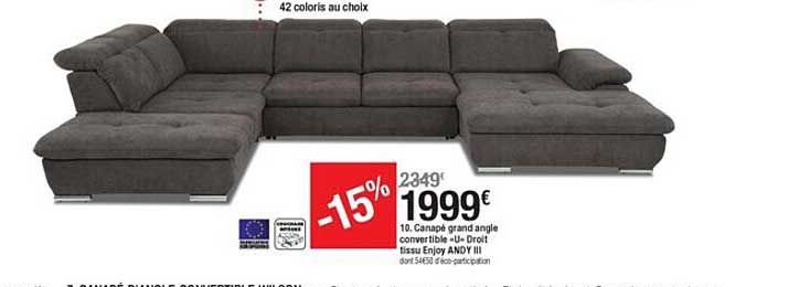 canapé grand angle convertible "u" droit tissu enjoy andy iii