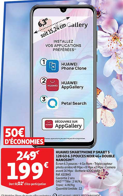 huawei smartphone p smart s 128 go 6.3 pouces noir 4g+ double nanosim