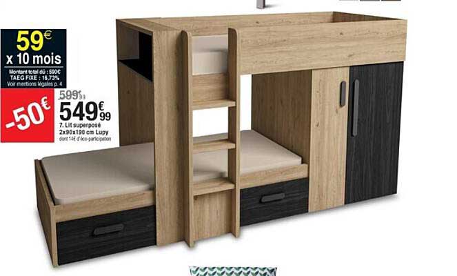 lit superposé 2 x 90 x 190 cm lupy