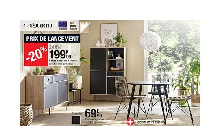 séjour ito : bahut 2 portes - 3 tiroirs, chaise capucine rotin