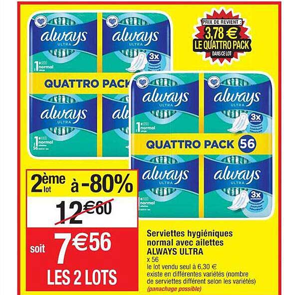 serviettes hygiéniques normal avec ailettes always ultra