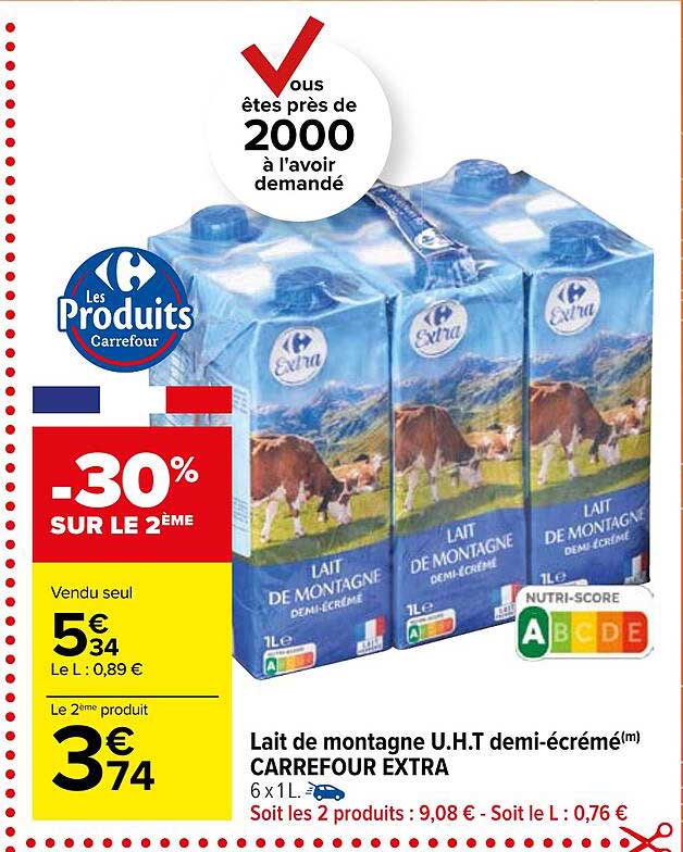 lait de montagne u.h.t. demi-écrémé carrefour extra