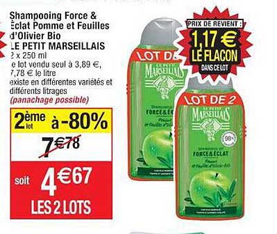 shampooing force & éclat pomme et feuilles d'olivier bio le petit marseillais