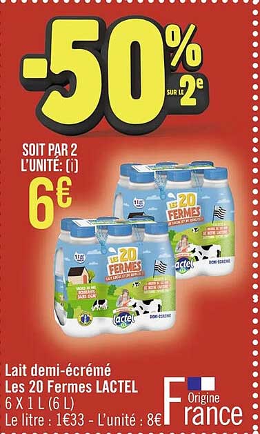 lait demi-écrémé les 20 fermes lactel