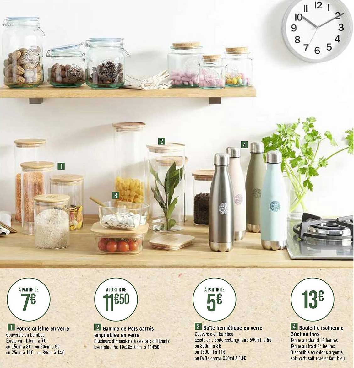 pot de cuisine en verre, gamme de pots carrés empilables en verre, boîte hermétique en verre, bouteille isotherme 50cl en inox