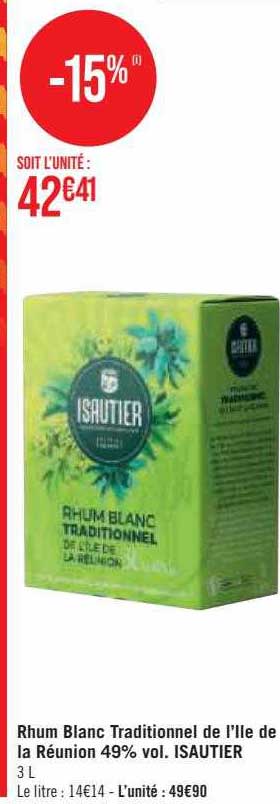 rhum blanc traditionnel de l'île de la réunion 49% vol. isautier