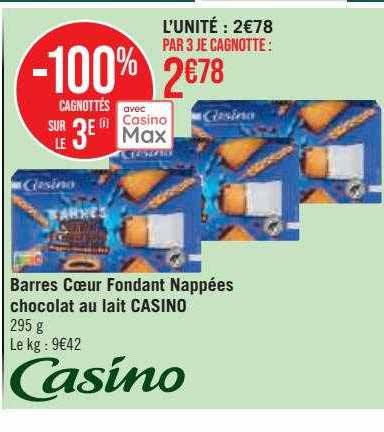 barres cœur fondant nappées chocolat au lait casino