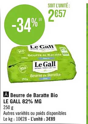 beurre de baratte bio le gall 82% mg