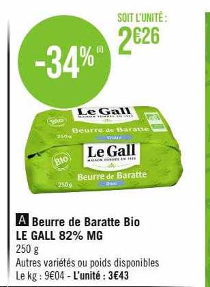 beurre de baratte bio le gall 82% mg