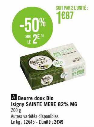beurre doux bio isigny sainte mère 82% mg
