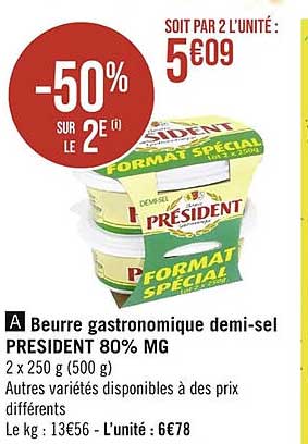 beurre gastronomique demi-sel président 80% mg