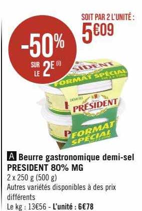 beurre gastronomique demi-sel président 80% mg