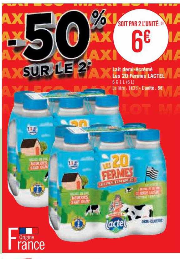 lait demi-écrémé les 20 fermes lactel