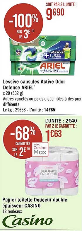 lessive capsules active odor défense ariel, papier toilette douceur double épaisseur casino