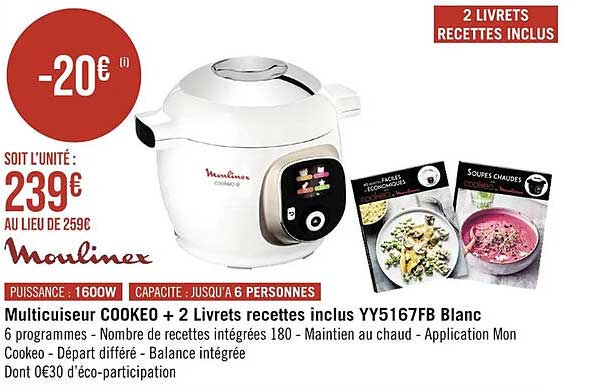 multicuiseur cookeo + 2 livrets recettes inclus yy5167fb blanc moulinex