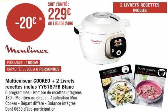 multicuiseur cookeo + 2 livrets recettes inclus yy5167fb blanc moulinex