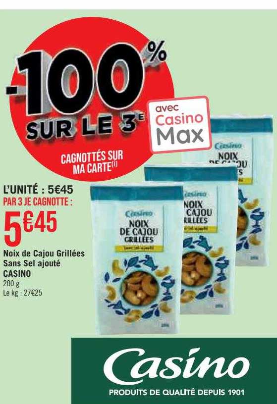 noix de cajou grillées sans sel ajouté casino