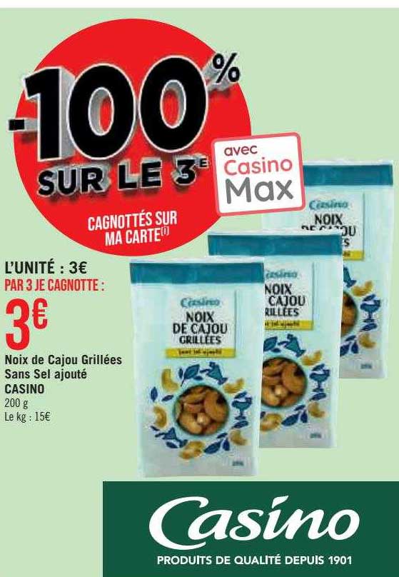 noix de cajou grillées sans sel ajouté casino
