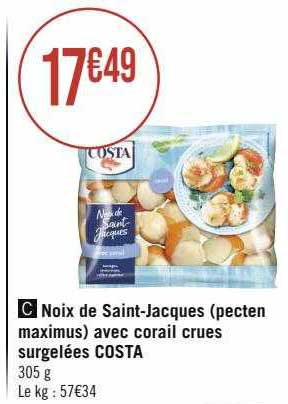 noix de saint-jacques (pecten maximus) avec corail crues surgelées costa