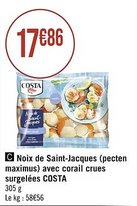 noix de saint-jacques (pecten maximus) avec corail crues surgelées Costa