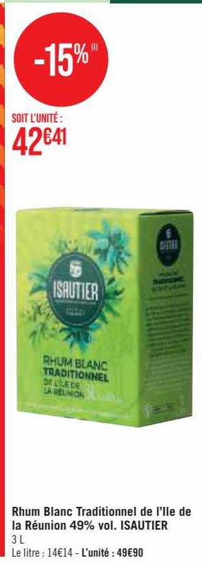 rhum blanc traditionnel de l'ile de la réunion 49% vol. isautier