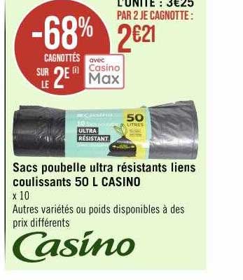 sacs poubelle ultra résistants liens coulissants 50 l casino