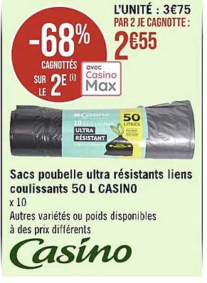 sacs poubelle ultra résistants liens coulissants 50l casino