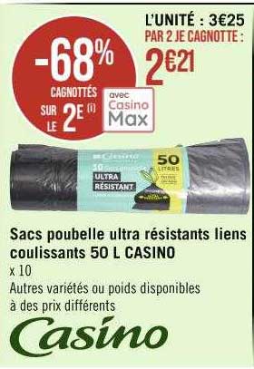 sacs poubelle ultra résistants liens coulissants 50l casino