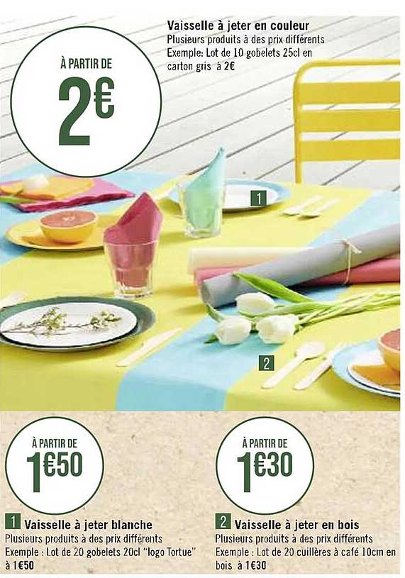 vaisselle à jeter en couleur, vaisselle à jeter blanche, vaisselle à jeter en bois