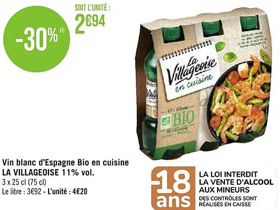 vin blanc d'espagne bio en cuisine la villageoise 11% vol.