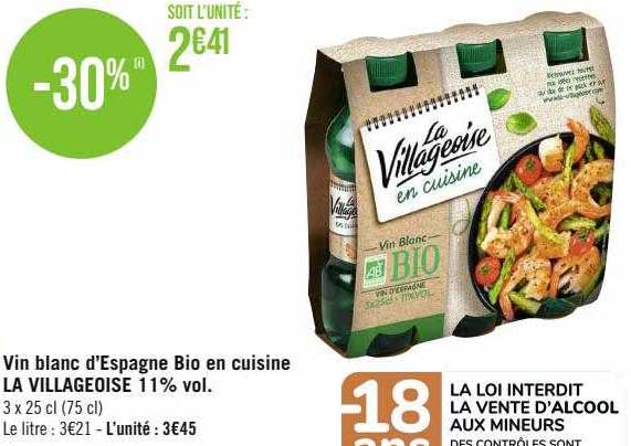 vin blanc d'espagne bio en cuisine la villageoise 11% vol.
