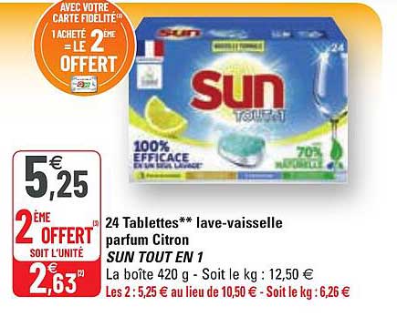 24 tablettes lave-vaisselle parfum citron sun tout en 1