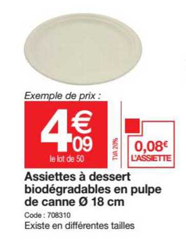 assiettes à dessert biodégradable en pulpe de canne ø 18 cm