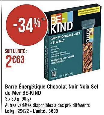 barre énergétique chocolat noir noix sel de mer be-kind
